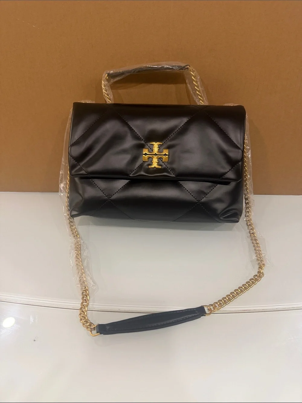 Tory Burch Black Quilted Leather Shoulder Bag with Gold Logo Chain